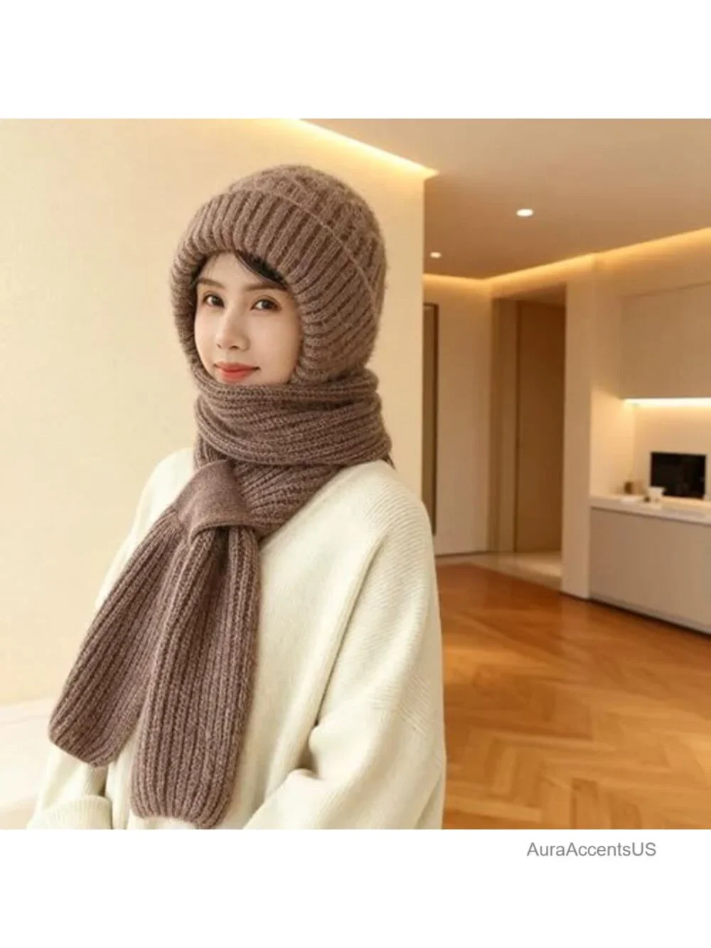 Women's Knit Beanie Hat with Fleece Scarf Winter Ear Protection